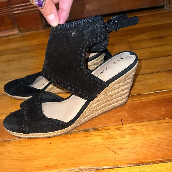 Via Spiga Izett Black Suede Wedge Espadrille Sandal - Size 8.5 - Picture 2 of 6